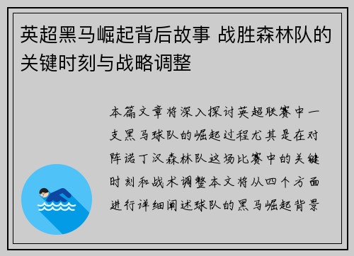 英超黑马崛起背后故事 战胜森林队的关键时刻与战略调整